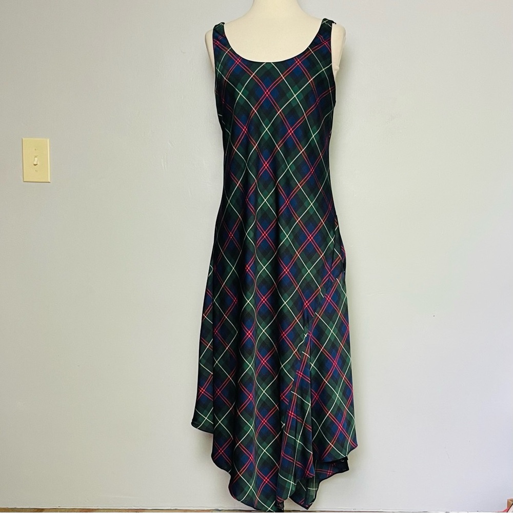NWT Ralph Lauren Charmeuse Asymmetrical Tartan Plaid Satin Sleeveless Dress 8